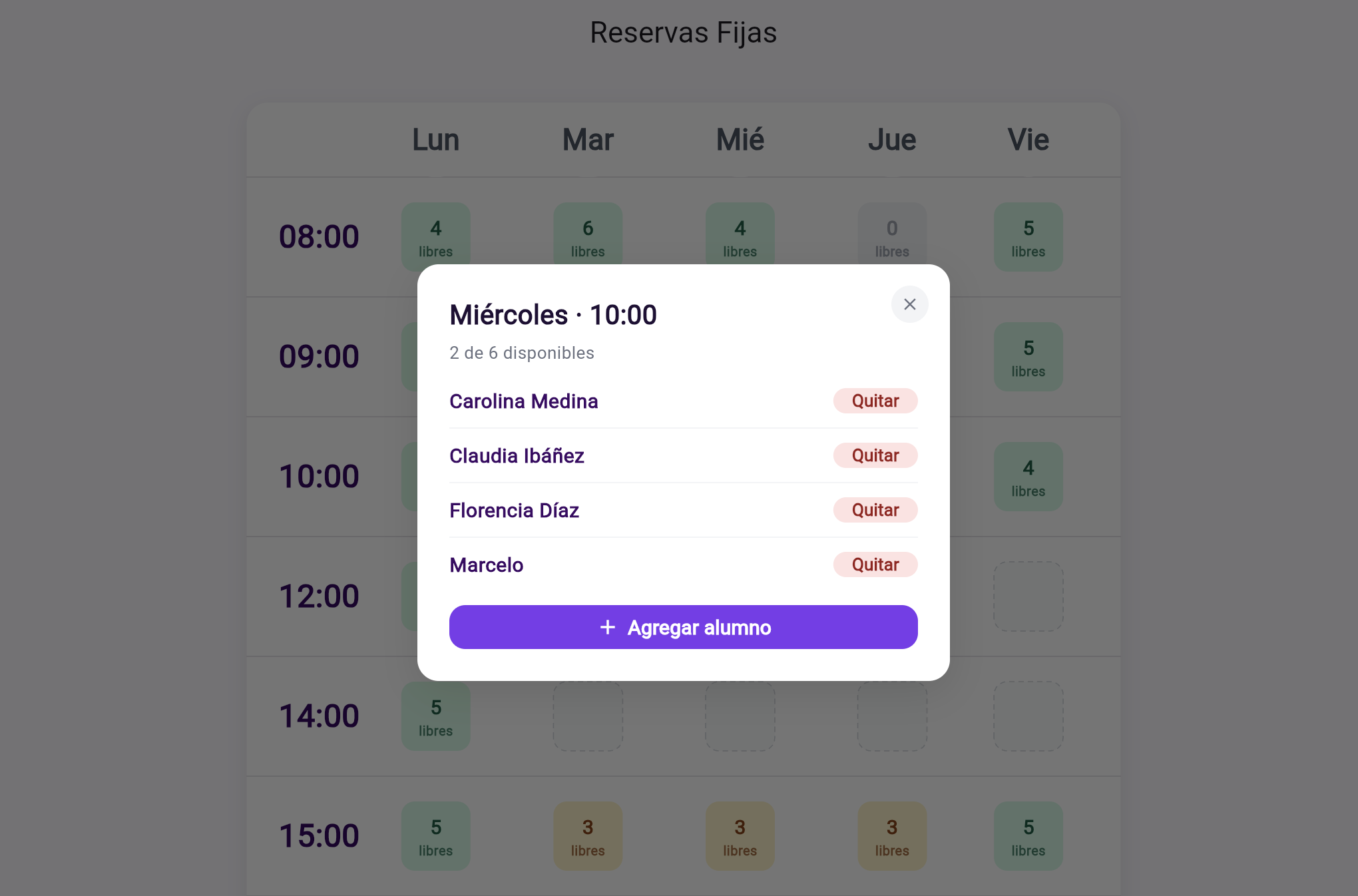 Modal de inscriptos en una clase